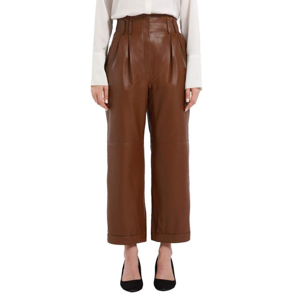 NWT Smart Universe Wear Leather Belted Cropped Paperbag Pants Chocolate Brown XS
